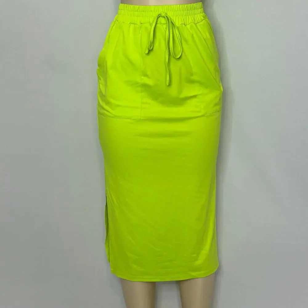 SHEIN Neon Lime Green Two-Piece Crop Top & Midi Skirt Set Women’s Size Small